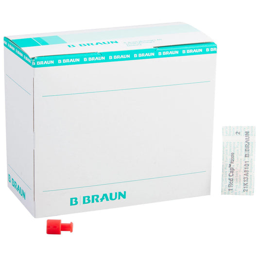 Caja B. Braun Combi-Stopper R2000B, tapón rojo Luer y blíster, sobre fondo blanco