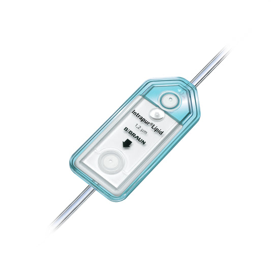 Filtro B. Braun Intrapur Lipid de 1.2 µm con tubo, carcasa azul sobre fondo blanco