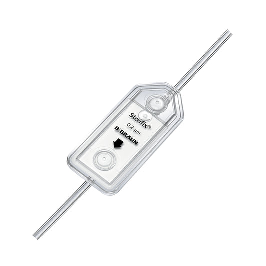 Filtro B. Braun Sterifix 0.2 µm 4184637 con tubo PUR, sobre fondo blanco