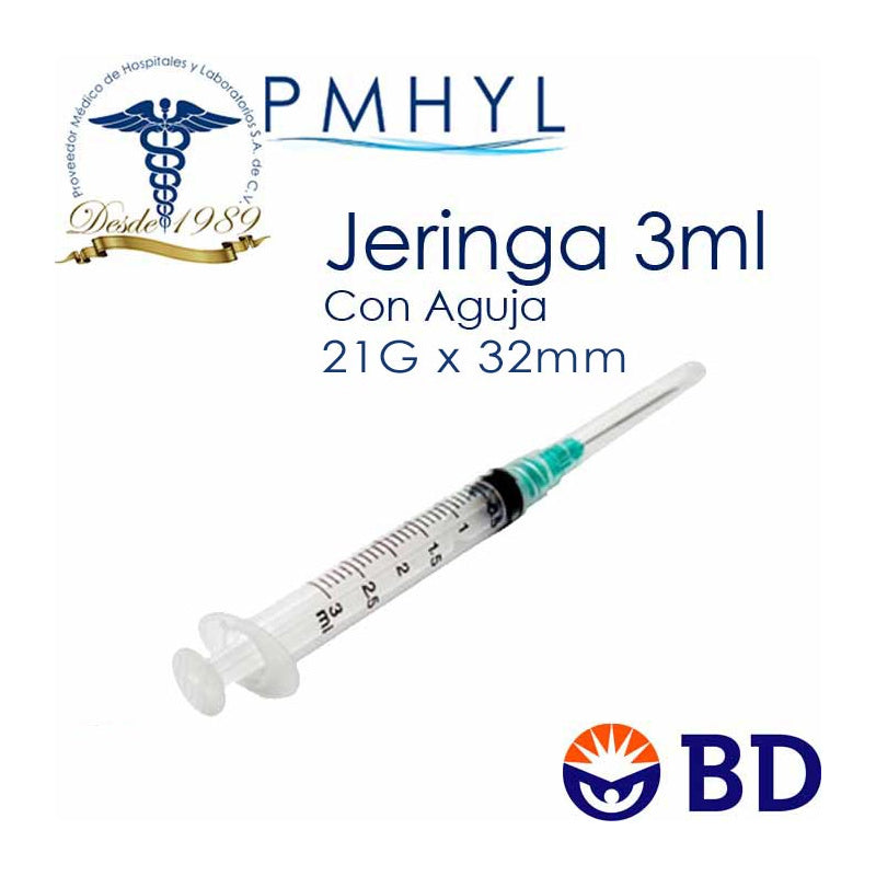 BD 990407 jeringa Plastipak de 3 mL con aguja 21G × 32 mm