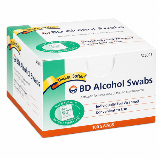 Imagen ilustrativa optimizada: BD Alcohol Swabs, apósitos de alcohol, referencia 326895, caja con 100 piezas, sobre fondo blanco