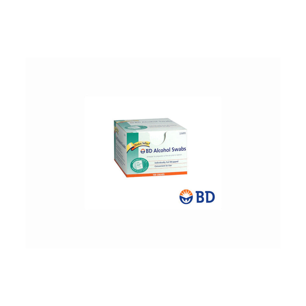 BD Alcohol Swabs referencia 326899, caja con 100 piezas sobre fondo blanco