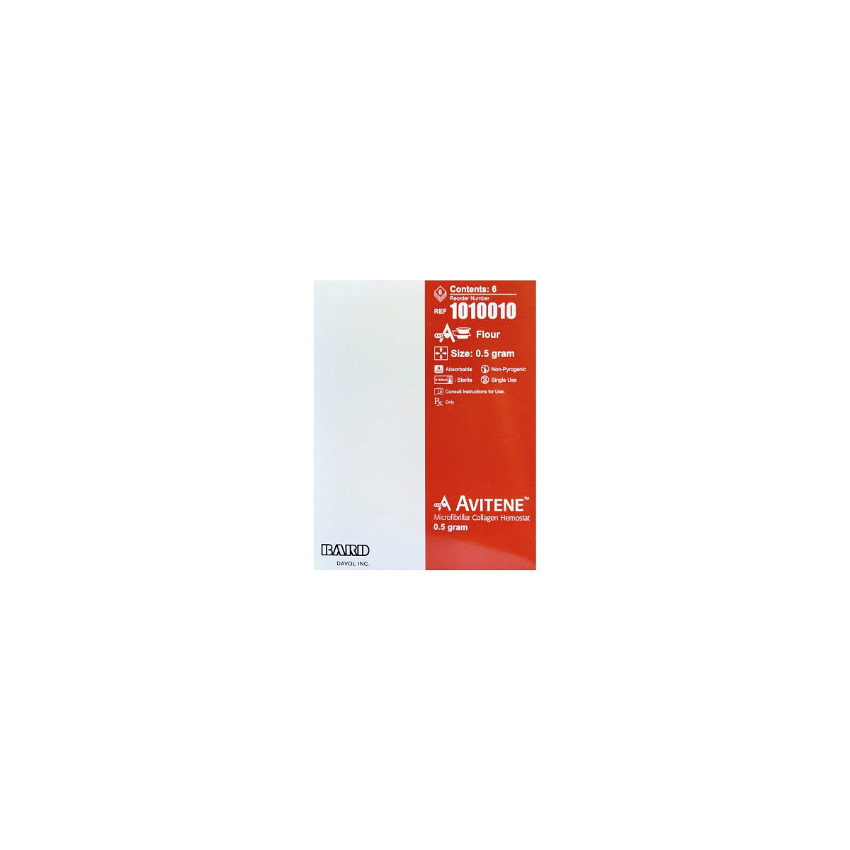 Caja BD Avitene Flour 1010010, colágeno microfibrilar 0.5 g, 6 unidades, sobre blanco