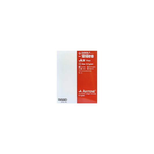 Caja BD Avitene Flour 1010010, colágeno microfibrilar 0.5 g, 6 unidades, sobre blanco