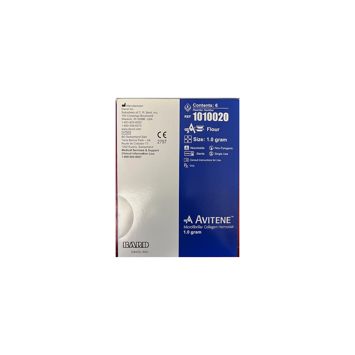 Caja BD Avitene Flour 1010020, colágeno microfibrilar 1 g, 6 unidades, sobre blanco