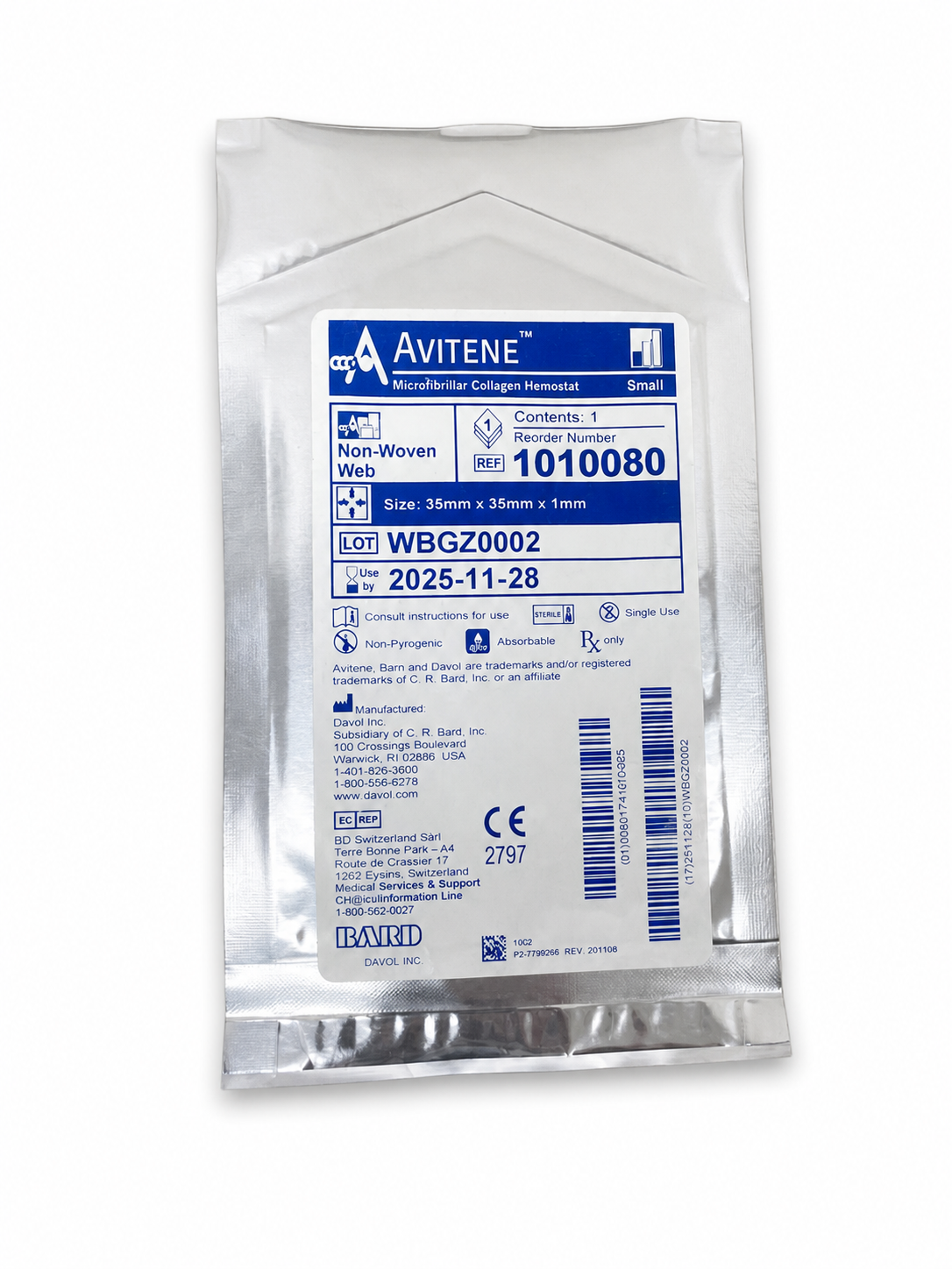 BD Avitene Sheet hemostático 35 × 35 mm, referencia 1010080, sobre fondo blanco