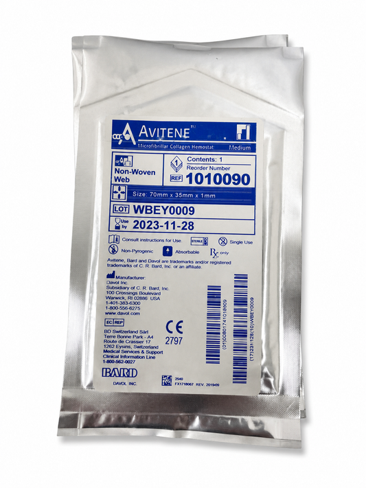 BD Avitene Sheet hemostático 70 × 35 mm, referencia 1010090, sobre fondo blanco