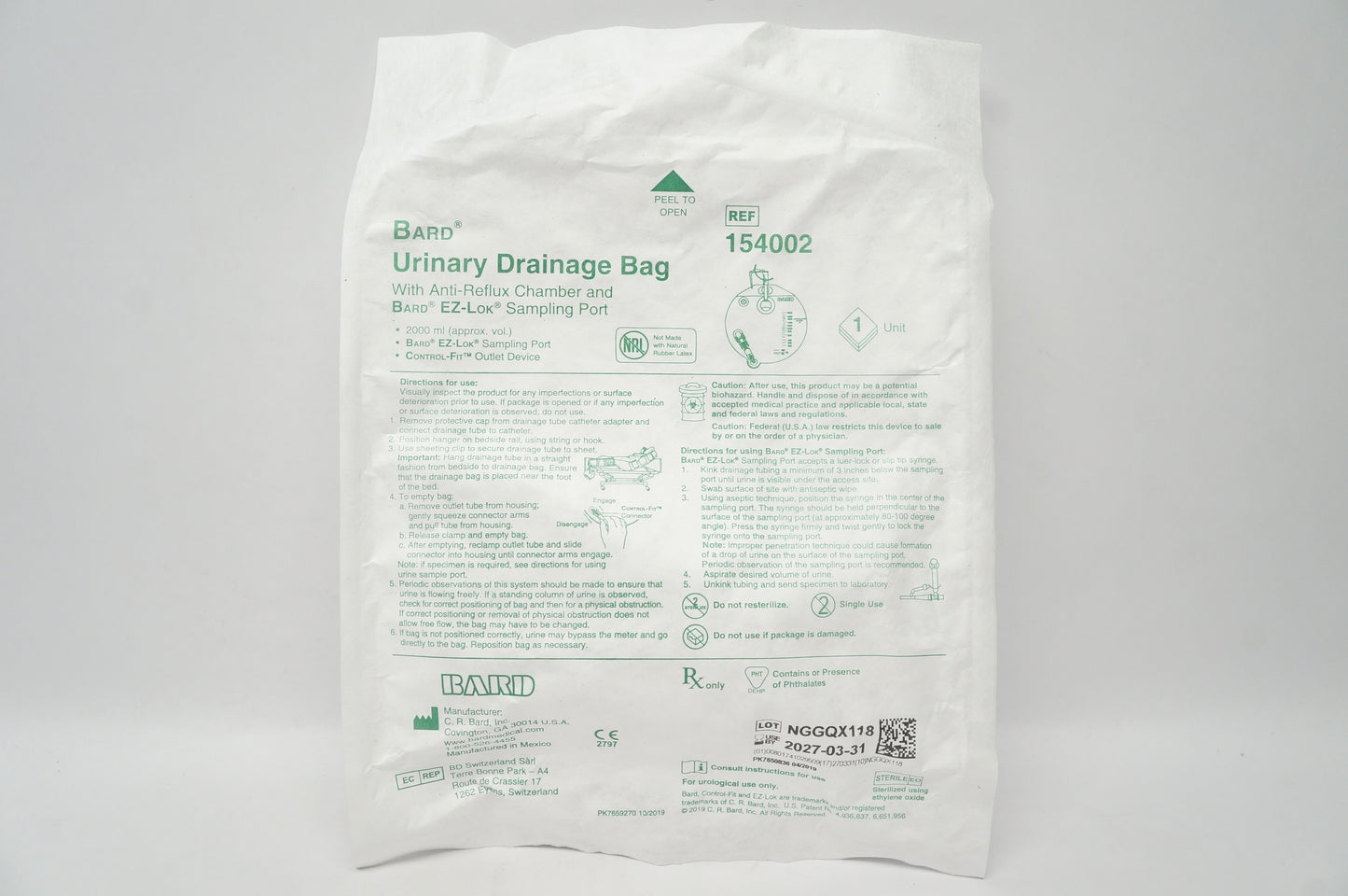 BD Bard 154002, bolsa de drenaje urinario de 2 L con cámara antirreflujo