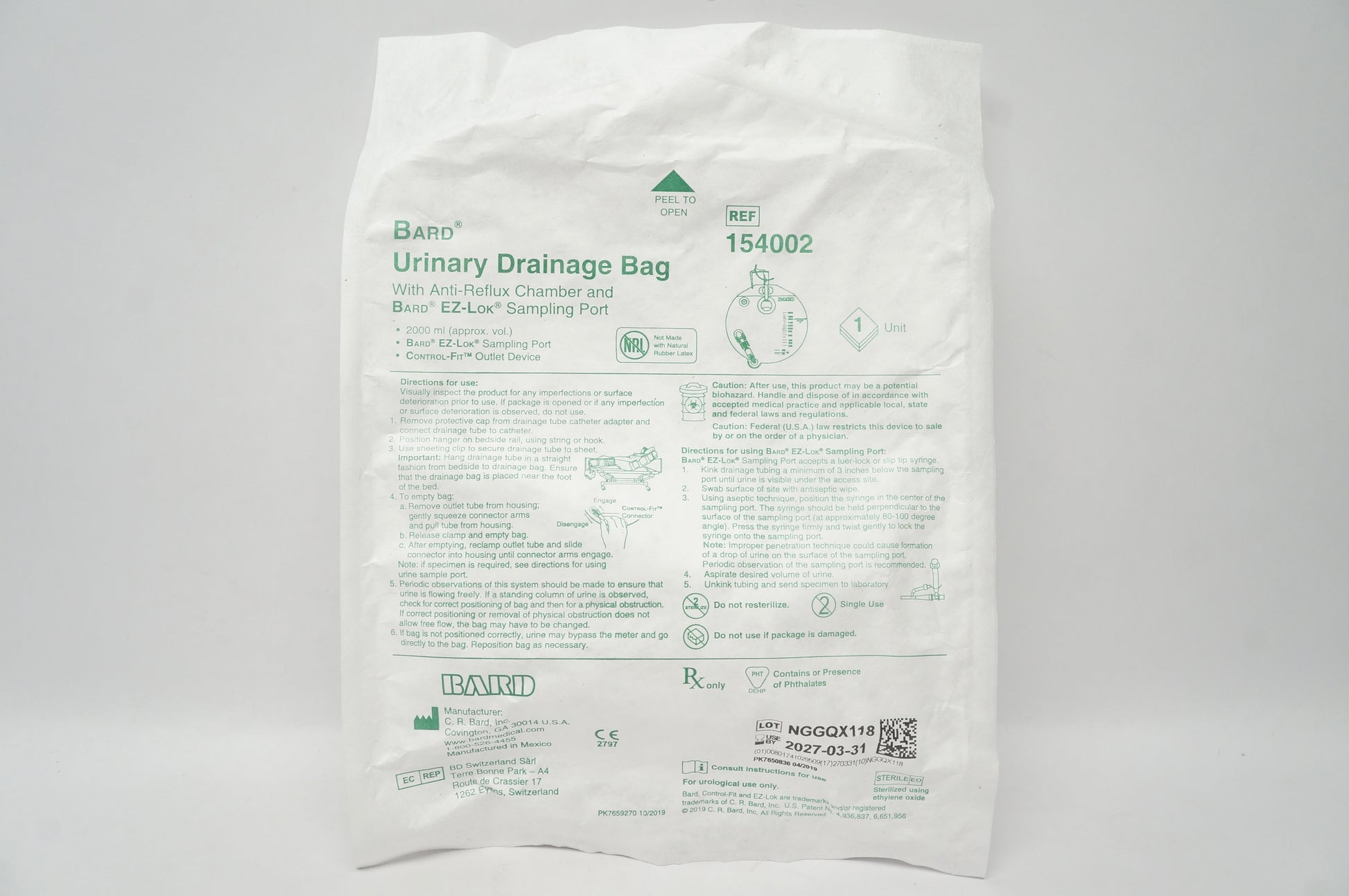 BD Bard 154002, bolsa de drenaje urinario de 2 L con cámara antirreflujo