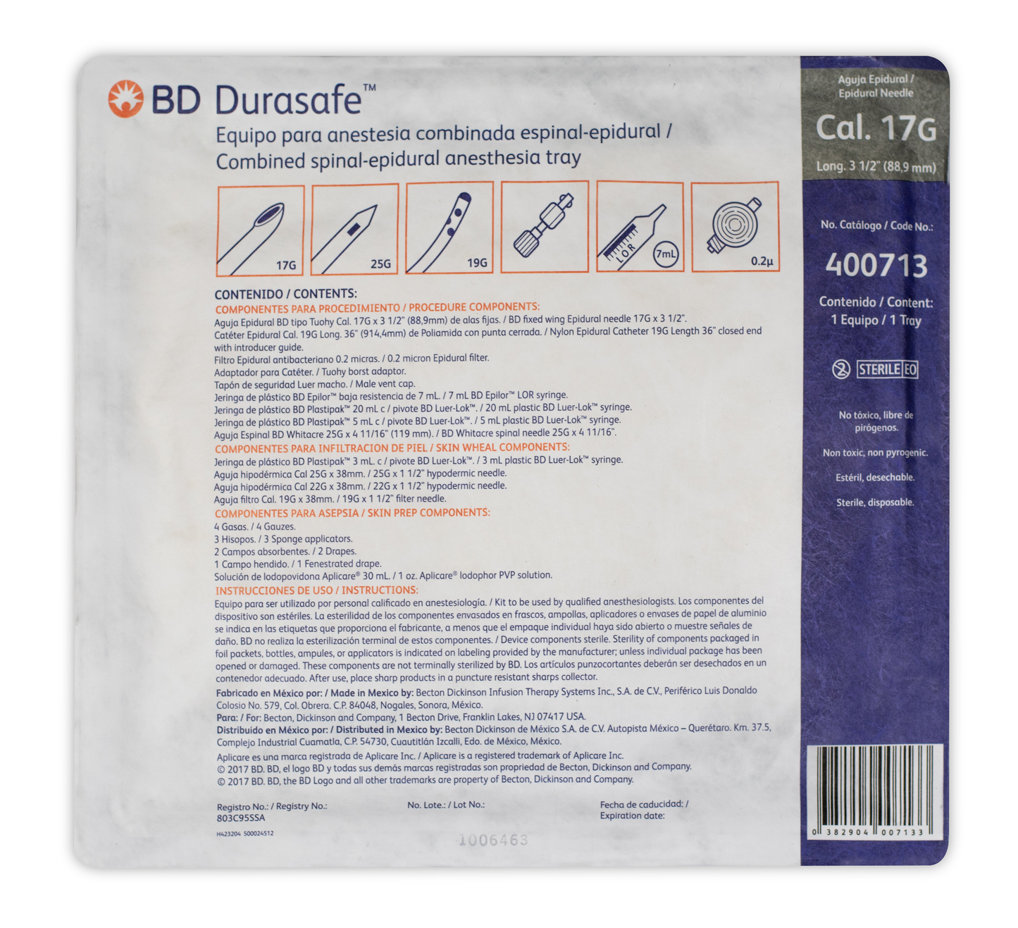 BD DuraSafe 400713 equipo para anestesia combinada espinal-epidural