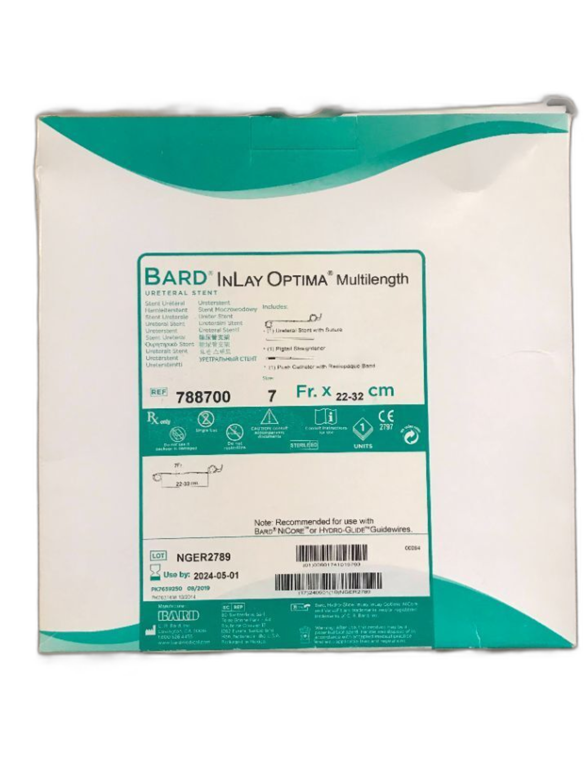 BD InLay Optima Multilength 788700, stent ureteral 7 Fr x 22–32 cm, sobre fondo blanco