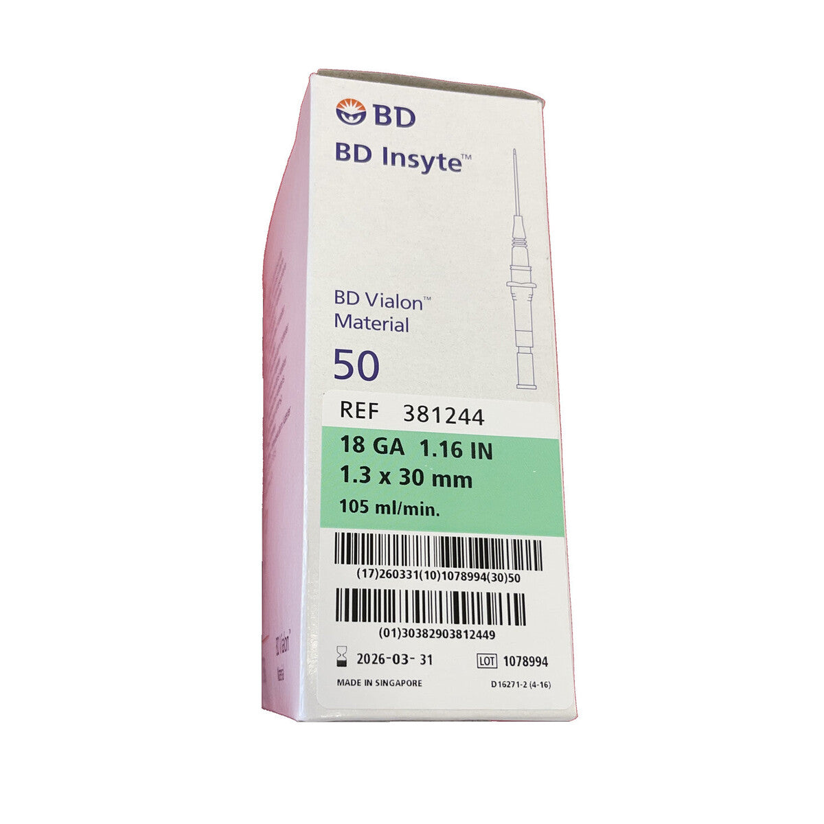Caja BD Insyte 381244, 18G × 30 mm verde, 50 piezas, sobre fondo blanco