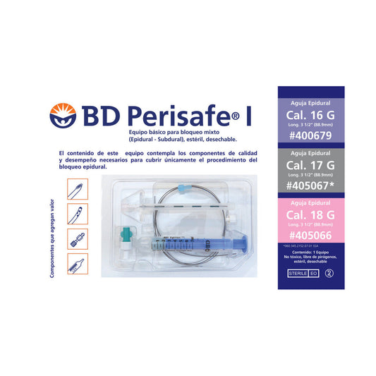 BD Perisafe I equipo de anestesia epidural sobre fondo blanco