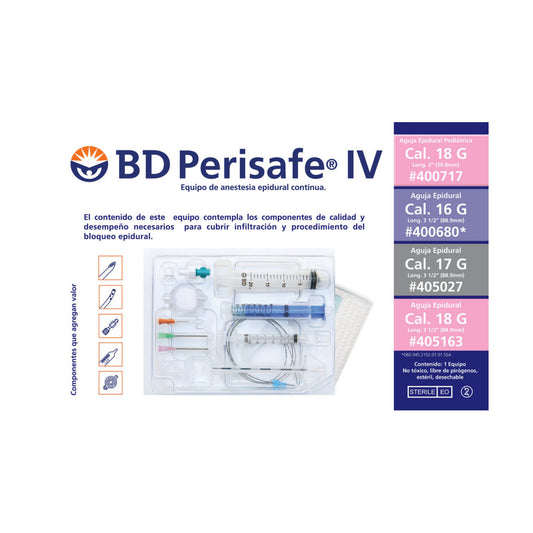 Kit BD Perisafe IV para anestesia epidural continua sobre fondo blanco