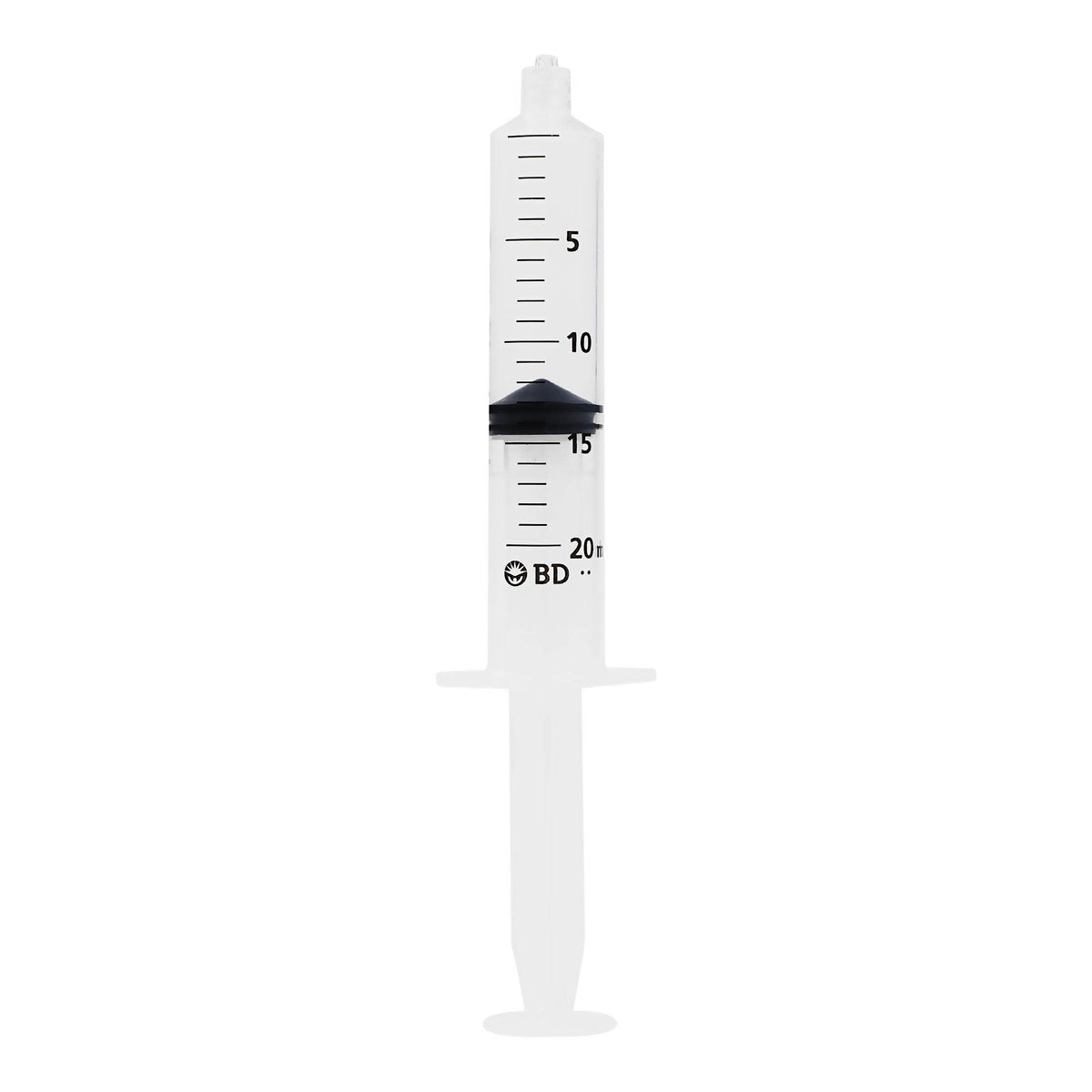 Jeringa BD Plastipak 20 ml Luer-Lok sin aguja, escala hasta 20 ml, sobre fondo blanco