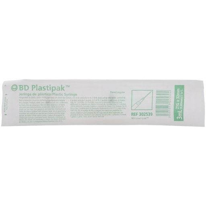 Blíster BD Plastipak 302539, jeringa 3 ml con aguja 21 G × 32 mm, REF impresa en el empaque