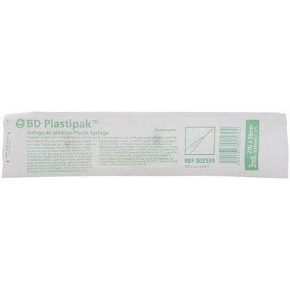 Blíster BD Plastipak 302539, jeringa 3 ml con aguja 21 G × 32 mm, REF impresa en el empaque