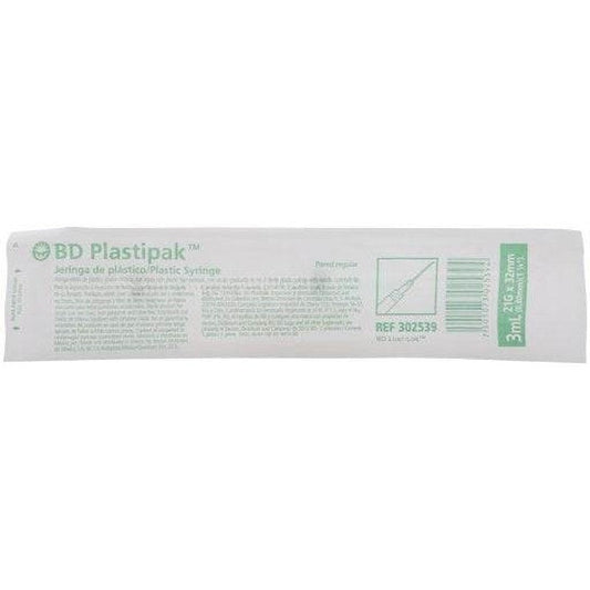 Blíster BD Plastipak 302539, jeringa 3 ml con aguja 21 G × 32 mm, REF impresa en el empaque