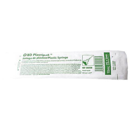 Blíster BD Plastipak 302558, jeringa 10 ml con aguja 21 G × 32 mm, REF impresa