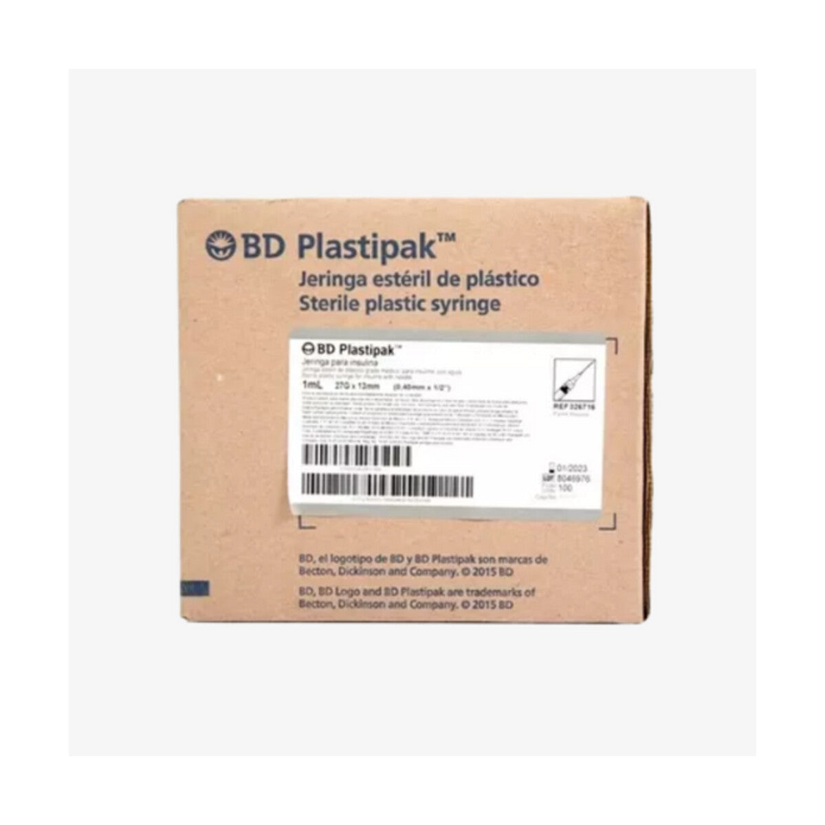BD Plastipak 324823, jeringa para insulina de 1 ml, 27G × 13 mm sobre fondo blanco