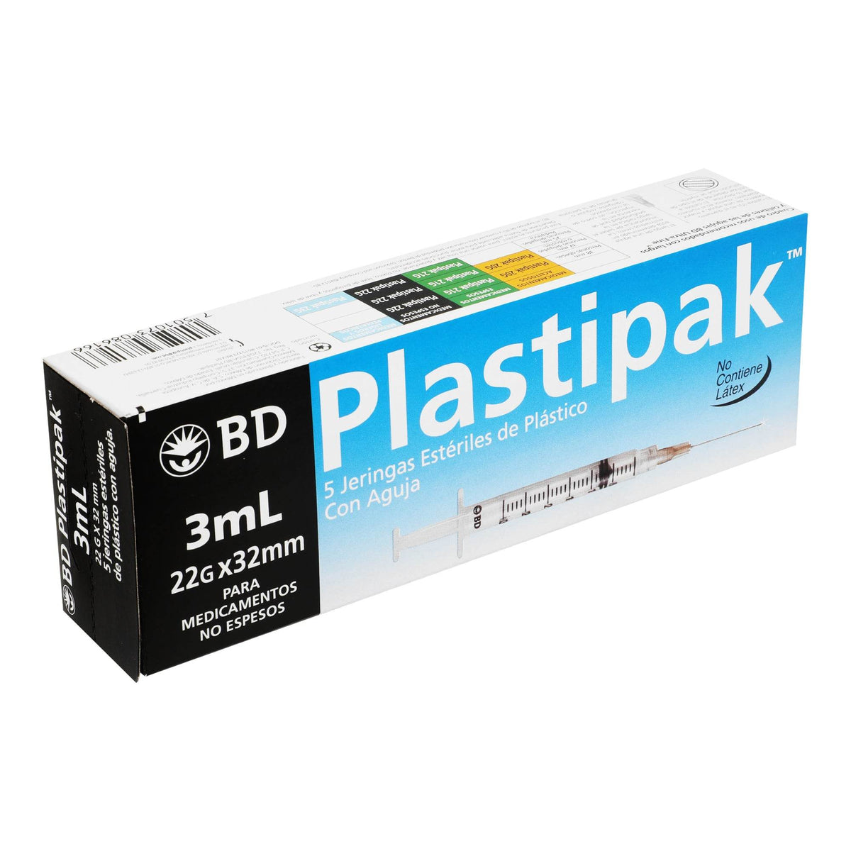 Caja BD Plastipak 3 ml con aguja 22 G × 32 mm; la foto es el empaque de 5 del mismo calibre