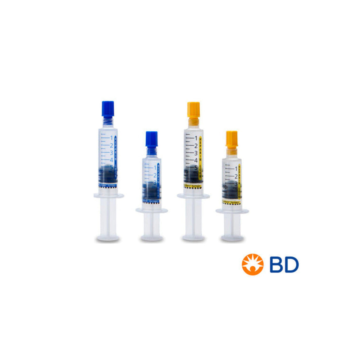 BD PosiFlush jeringas precargadas de heparina de 3 y 5 ml sobre fondo blanco