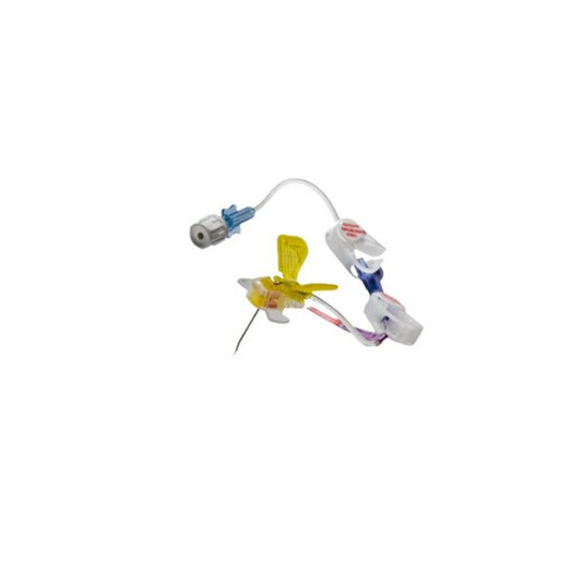 BD PowerLoc Safety, aguja Huber con sitio de inyección en Y sobre fondo blanco
