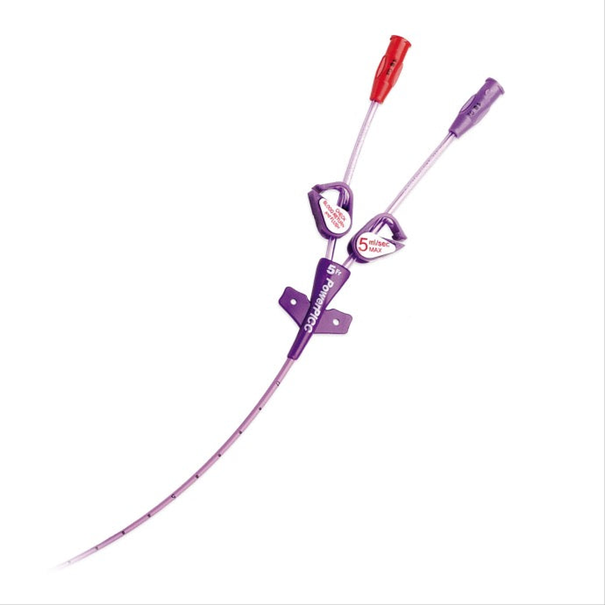 Catéter BD PowerPICC 5 Fr doble lumen, referencia 8275118, poliuretano violeta sobre fondo blanco