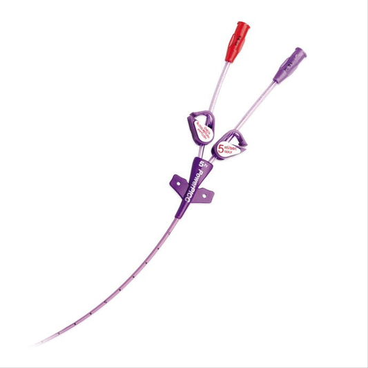 Catéter BD PowerPICC 5 Fr doble lumen, referencia 8275118, poliuretano violeta sobre fondo blanco