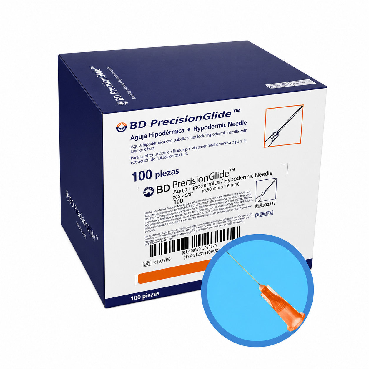 Caja azul de agujas hipodérmicas BD PrecisionGlide con 100 piezas y detalle de la aguja con pabellón naranja