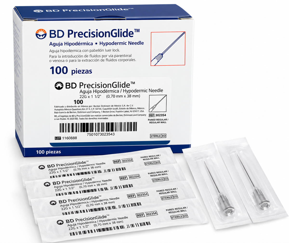 BD PrecisionGlide REF 302354, caja de 100 agujas hipodérmicas 22G × 1½ pulgadas (0.70 × 38 mm), con empaques individuales