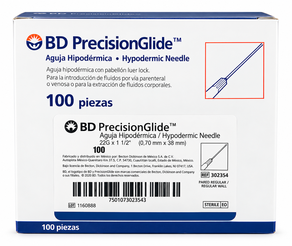 Caja BD PrecisionGlide REF 302354, aguja hipodérmica 22G × 1½ pulgadas (0.70 × 38 mm), pared regular, 100 piezas
