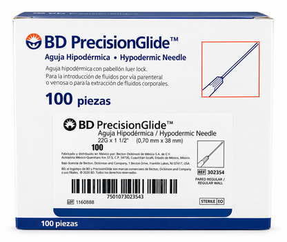 Caja BD PrecisionGlide REF 302354, aguja hipodérmica 22G × 1½ pulgadas (0.70 × 38 mm), pared regular, 100 piezas