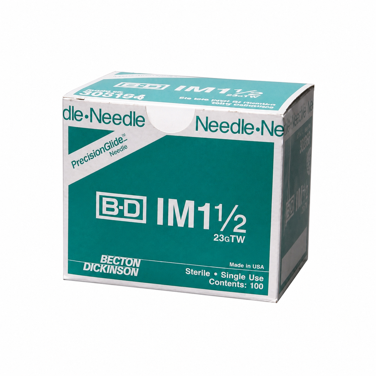 BD PrecisionGlide 302356, aguja hipodérmica 23G x 38 mm, caja con 100 sobre fondo blanco