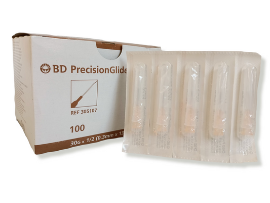Aguja BD PrecisionGlide referencia 305107, 30G x 13 mm, caja con 100