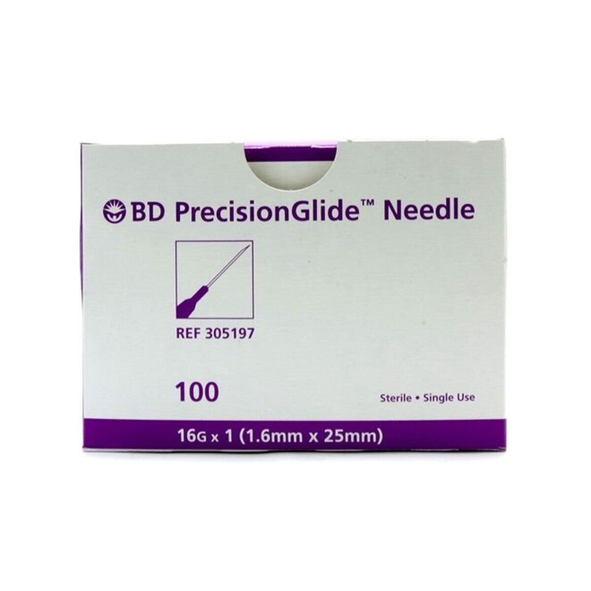 Caja BD PrecisionGlide 305197, aguja 16 G × 1 pulgada (25 mm), 100 piezas, sobre fondo blanco