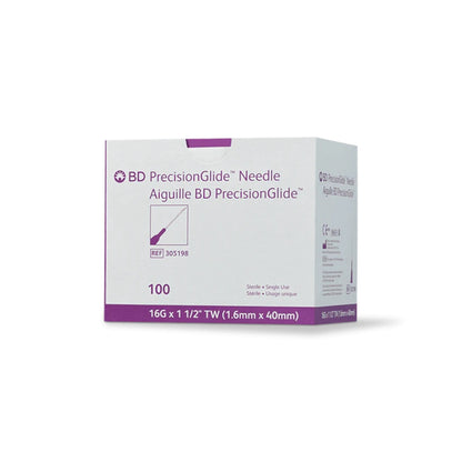 Caja BD PrecisionGlide 305198, aguja 16 G × 1½ pulgadas (40 mm), 100 piezas, sobre fondo blanco