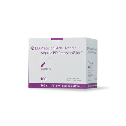 Caja BD PrecisionGlide 305198, aguja 16 G × 1½ pulgadas (40 mm), 100 piezas, sobre fondo blanco