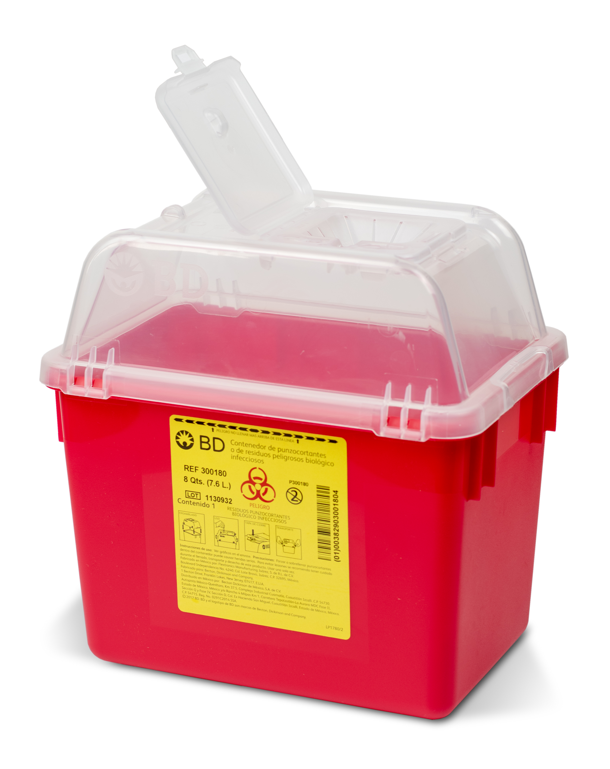 BD recolector de punzocortantes rojo, referencia 300180, capacidad 7.6 L