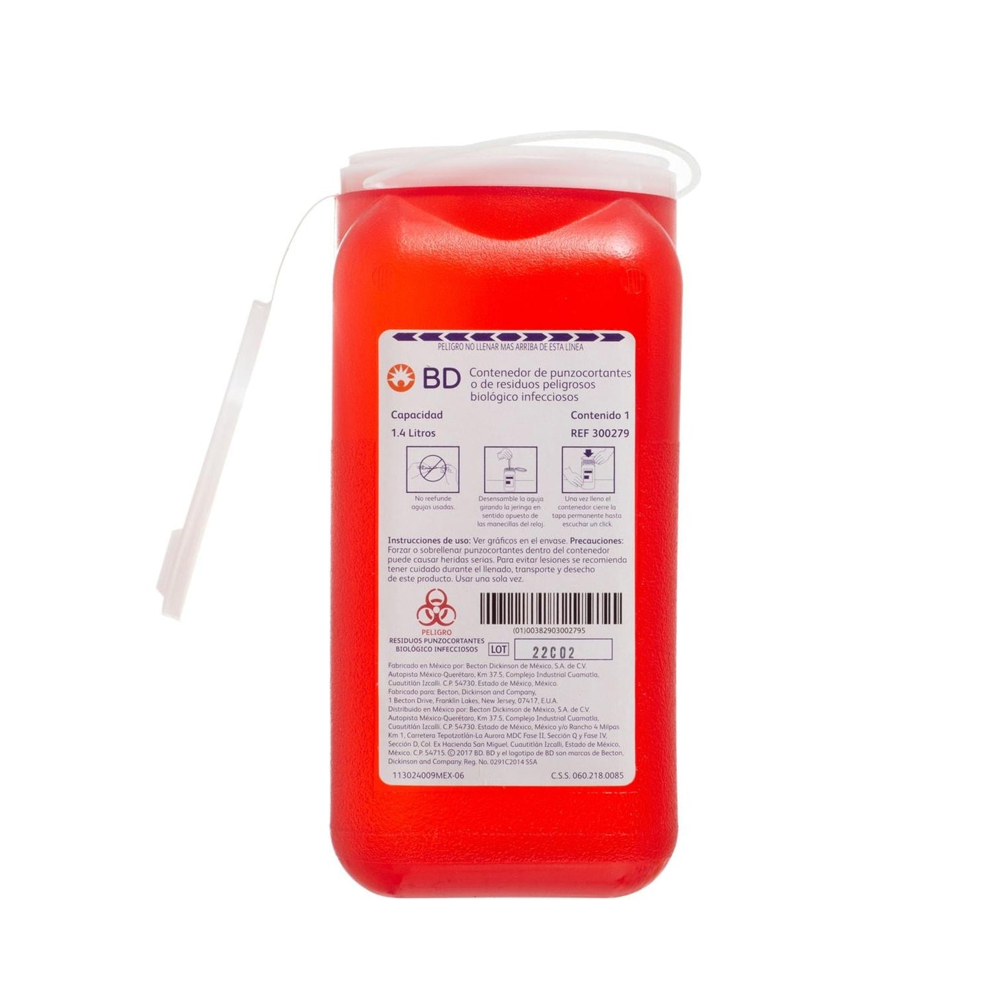 BD recolector de punzocortantes rojo de 1.4 L, referencia 300279