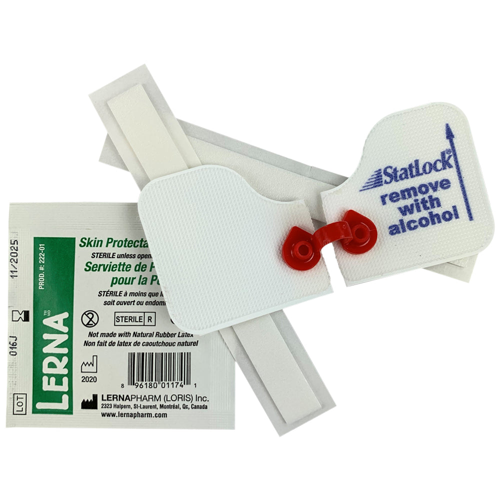 Sistema de fijación BD StatLock arterial rojo con extensión; referencia visual de la familia