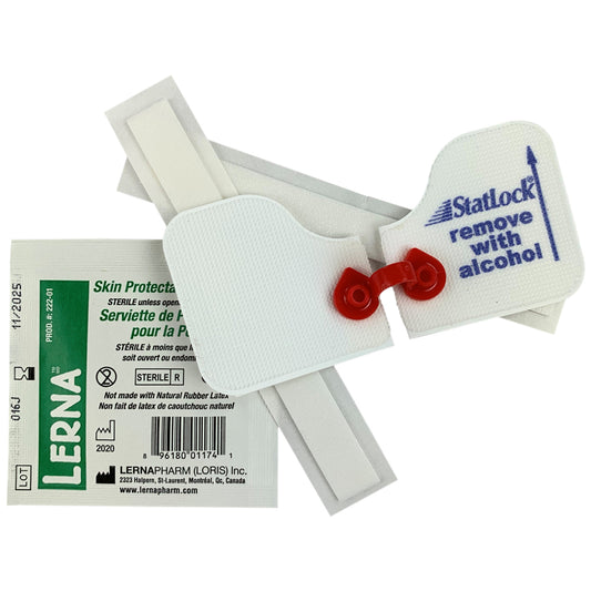 Sistema de fijación BD StatLock arterial rojo con extensión; referencia visual de la familia