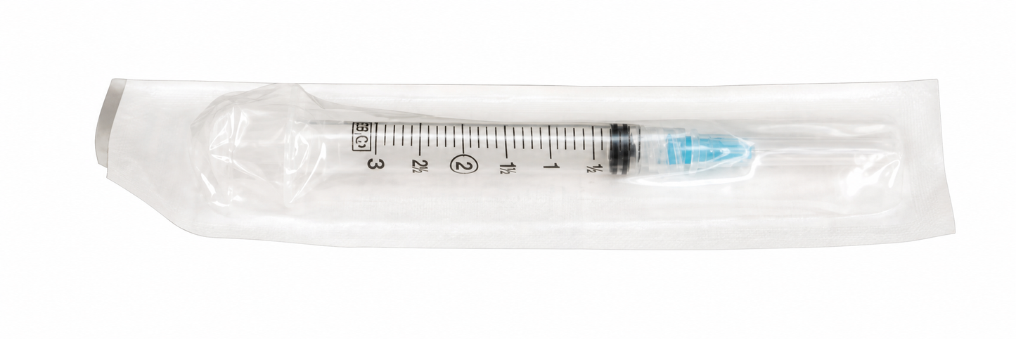 BD Plastipak 302543, jeringa de 3 mL con aguja 23G × 1 pulgada sobre fondo blanco