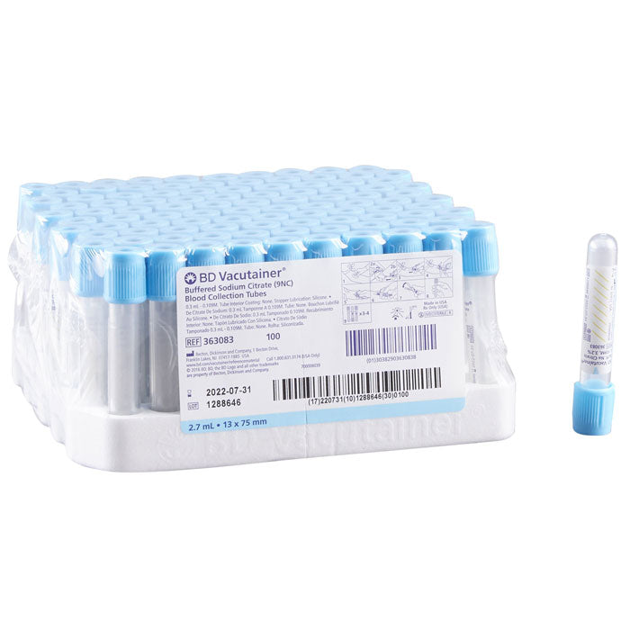 BD Vacutainer 363083 tubo con citrato de sodio, tapa azul claro, 2.7 mL y 13 x 75 mm