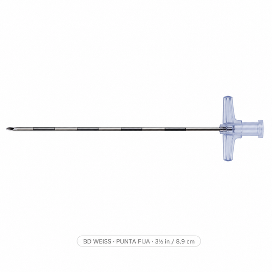 Imagen ilustrativa optimizada: aguja epidural BD Weiss de punta fija, 18G x 3 1/2 pulgadas (8.9 cm), sobre fondo blanco