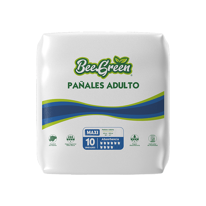 Foto de familia Bee Green Maxi: paquete de 10 con rango ilustrado 65–105 cm. Se ofrece paquete de 10 pañales talla XL, referencia MAXI XL; la talla del empaque fotografiado es distinta.