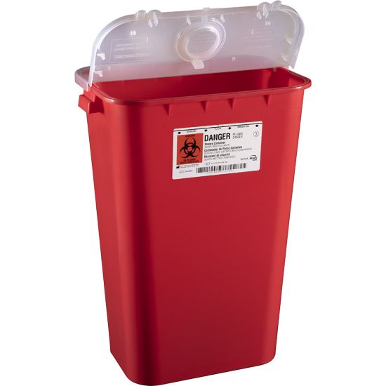 Contenedor rojo Bemis 111 030 11-Gallon con tapa articulada translúcida y abertura redonda