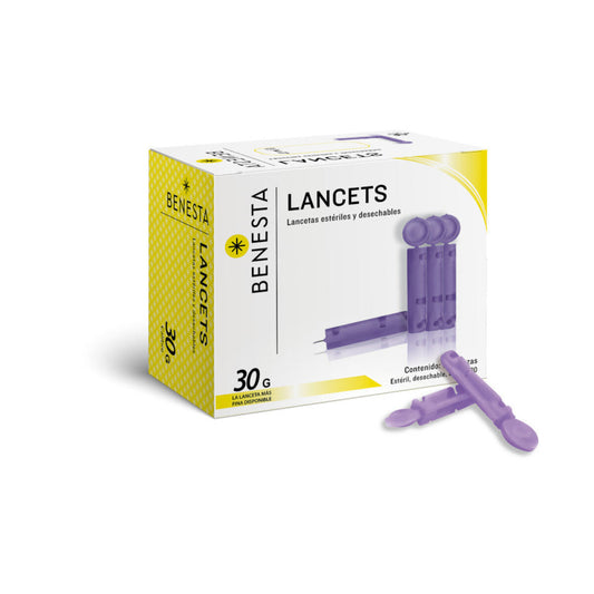Lancetas Benesta estériles desechables de 30G, caja con 100 sobre fondo blanco