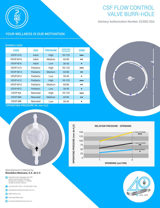 BIOMED VDVP-B12, válvula para derivación ventrículo-peritoneal tipo Pudenz, pediátrico, 12 mm y presión baja