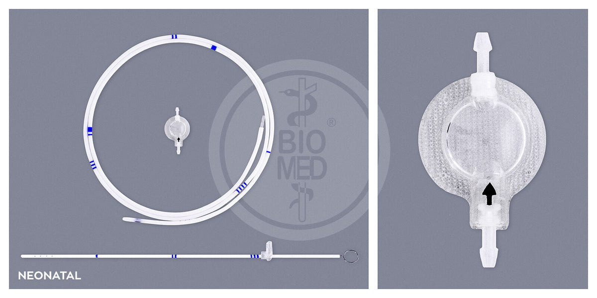 Sistema neonatal BIOMED Burr-Hole / Pudenz: válvula de base plana, catéteres y estilete; foto del fabricante titulada NEONATAL